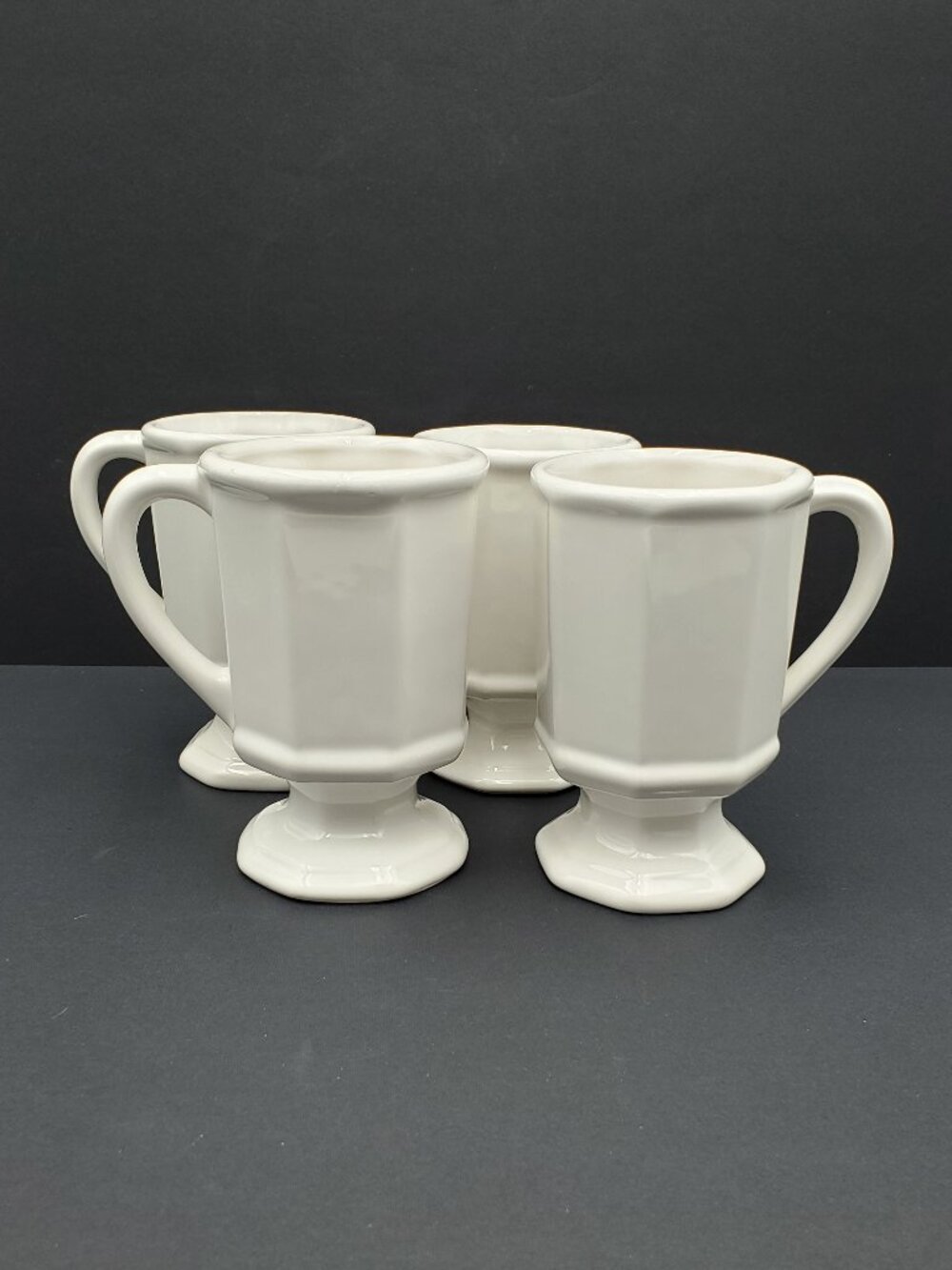 Pfaltzgraff Heritage White Pedestal Mugs Multi-Sided Footed Stoneware Mugs